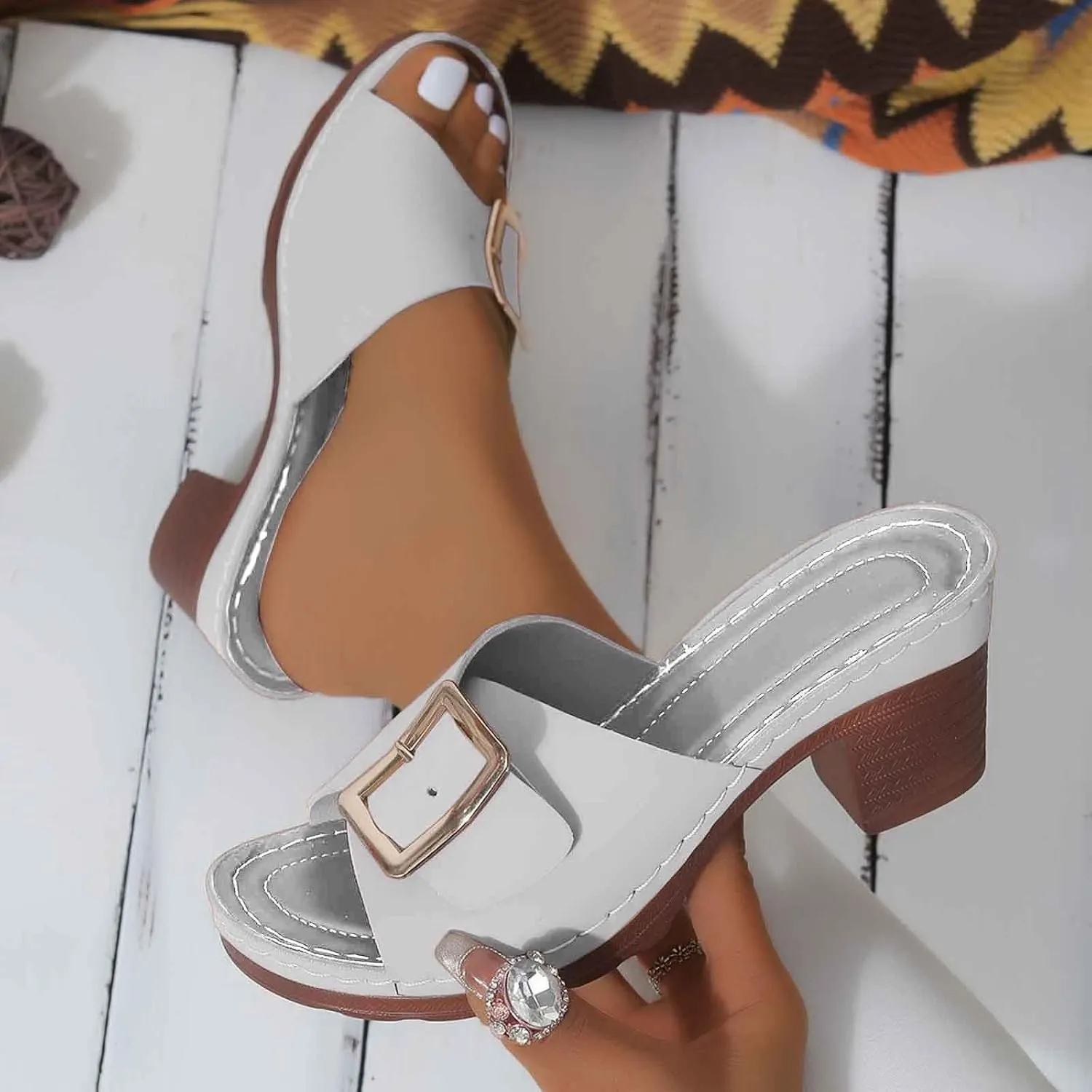 Women's Slide Heeled Sandals Opened Square Toe Chunky Block Heel Slippers with Buckle Slip on Long Womens Slippers