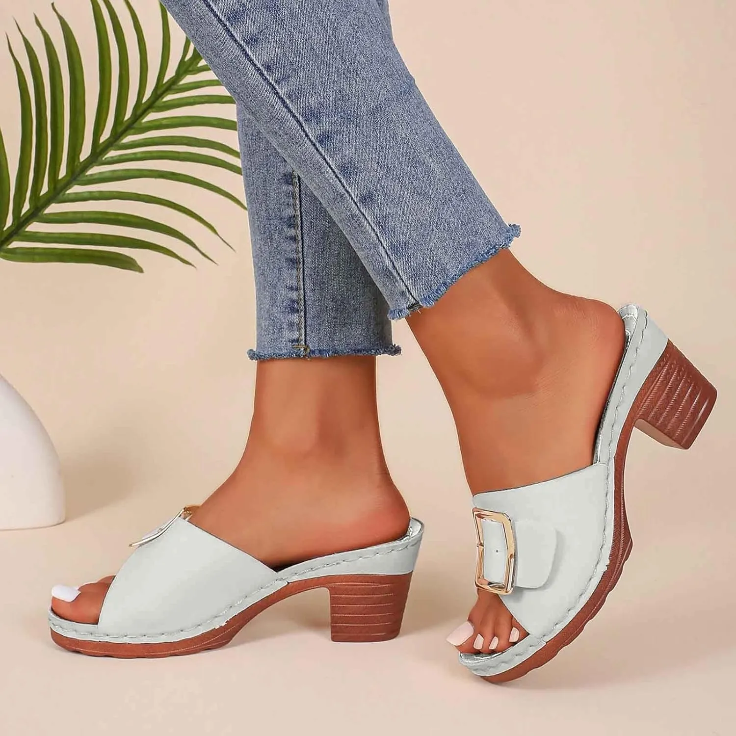 Women's Slide Heeled Sandals Opened Square Toe Chunky Block Heel Slippers with Buckle Slip on Long Womens Slippers