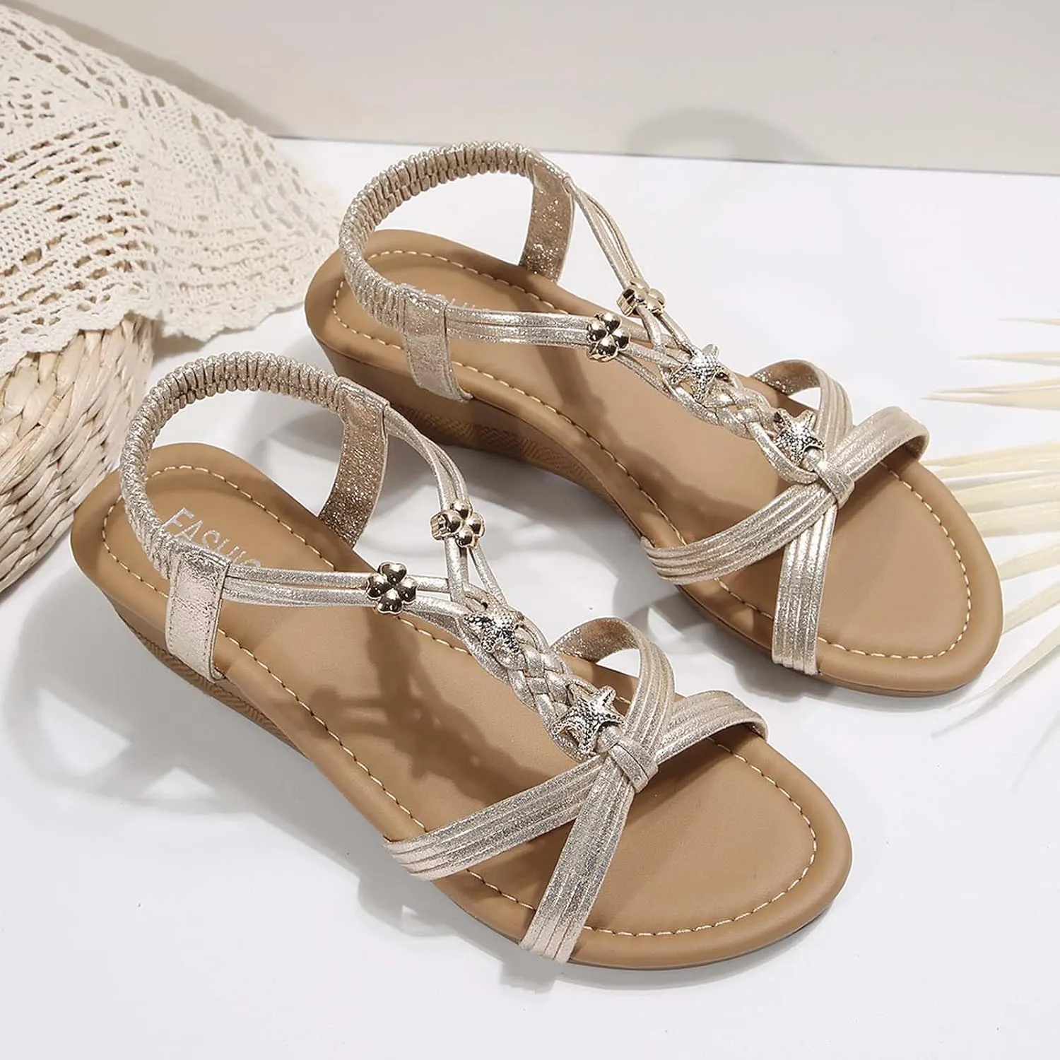 Women's Summer Sandals Comfortable Mid Heel Slip On Open Toe Casual Beach Walking Shoes for Dressy Outfits