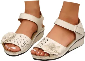 Women's Summer Sandals Open Toe Wedge Heel with Cut Out Details and Hook Loop Closure for Casual Outfits and