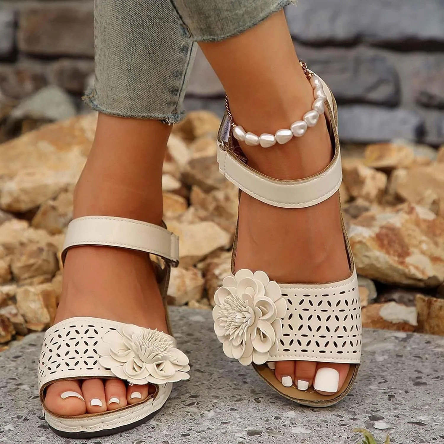 Women's Summer Sandals Open Toe Wedge Heel with Cut Out Details and Hook Loop Closure for Casual Outfits and