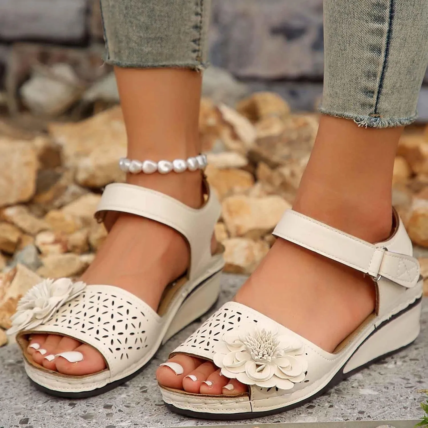 Women's Summer Sandals Open Toe Wedge Heel with Cut Out Details and Hook Loop Closure for Casual Outfits and