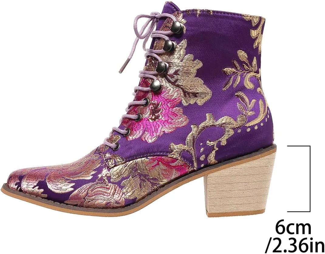 Womens Vintage Floral Embroidered Block Heel Cowboy Ankle Boots Pointed Toe Lace Up Chunky Heel Short Booties