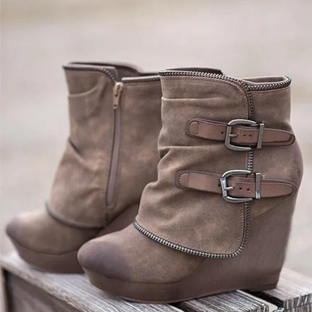 Women's Wedge Ankle Boots – Fashion Solid Color Buckle, Side Zip Platform Pumps with Round Toe, Comfortable Roman Boots