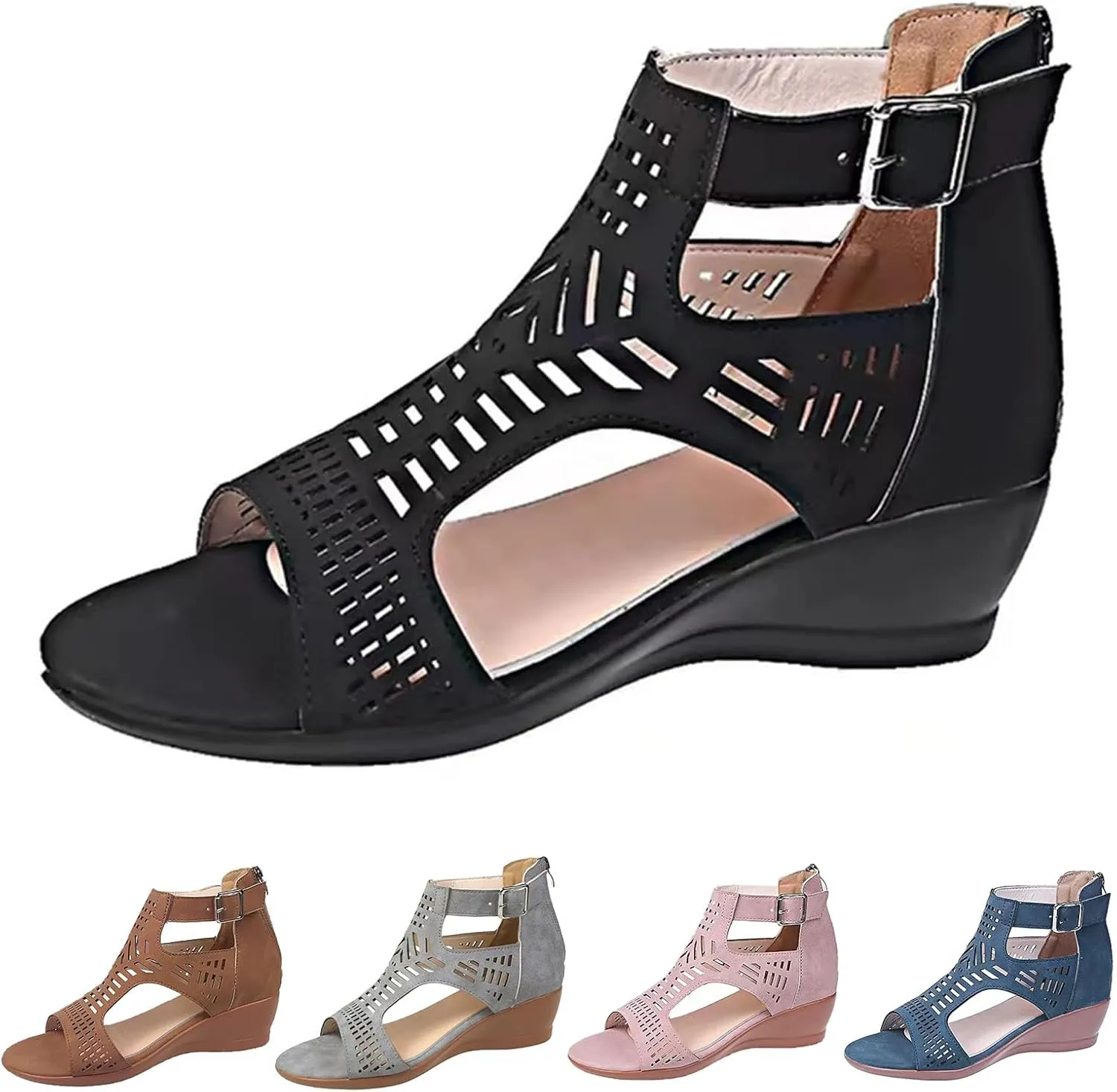 Womens Wedge Sandals Black Bohemian Cutout Open Toe Summer Wedge Party Sandals Casual Comfort Summer Cover Heel Dressy Cutout Beach Shoes Roman Retro Sandal
