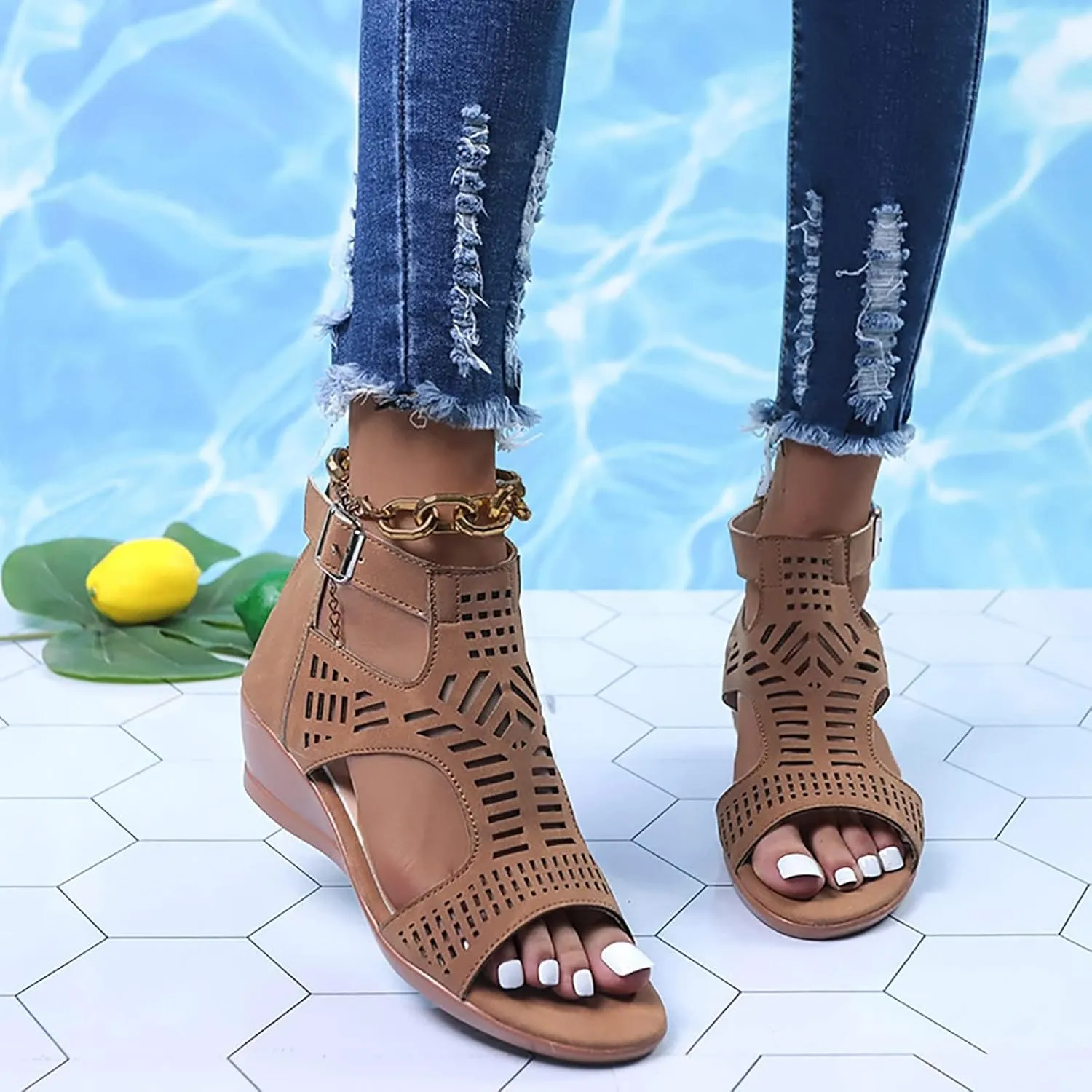Womens Wedge Sandals Black Bohemian Cutout Open Toe Summer Wedge Party Sandals Casual Comfort Summer Cover Heel Dressy Cutout Beach Shoes Roman Retro Sandal