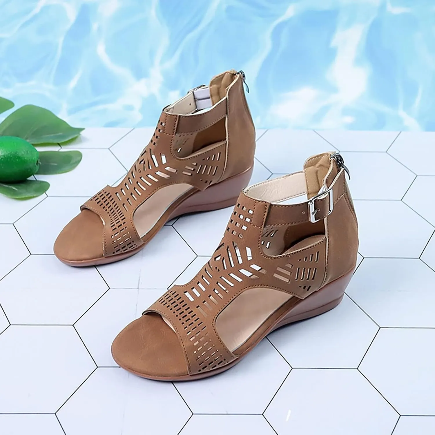 Womens Wedge Sandals Black Bohemian Cutout Open Toe Summer Wedge Party Sandals Casual Comfort Summer Cover Heel Dressy Cutout Beach Shoes Roman Retro Sandal