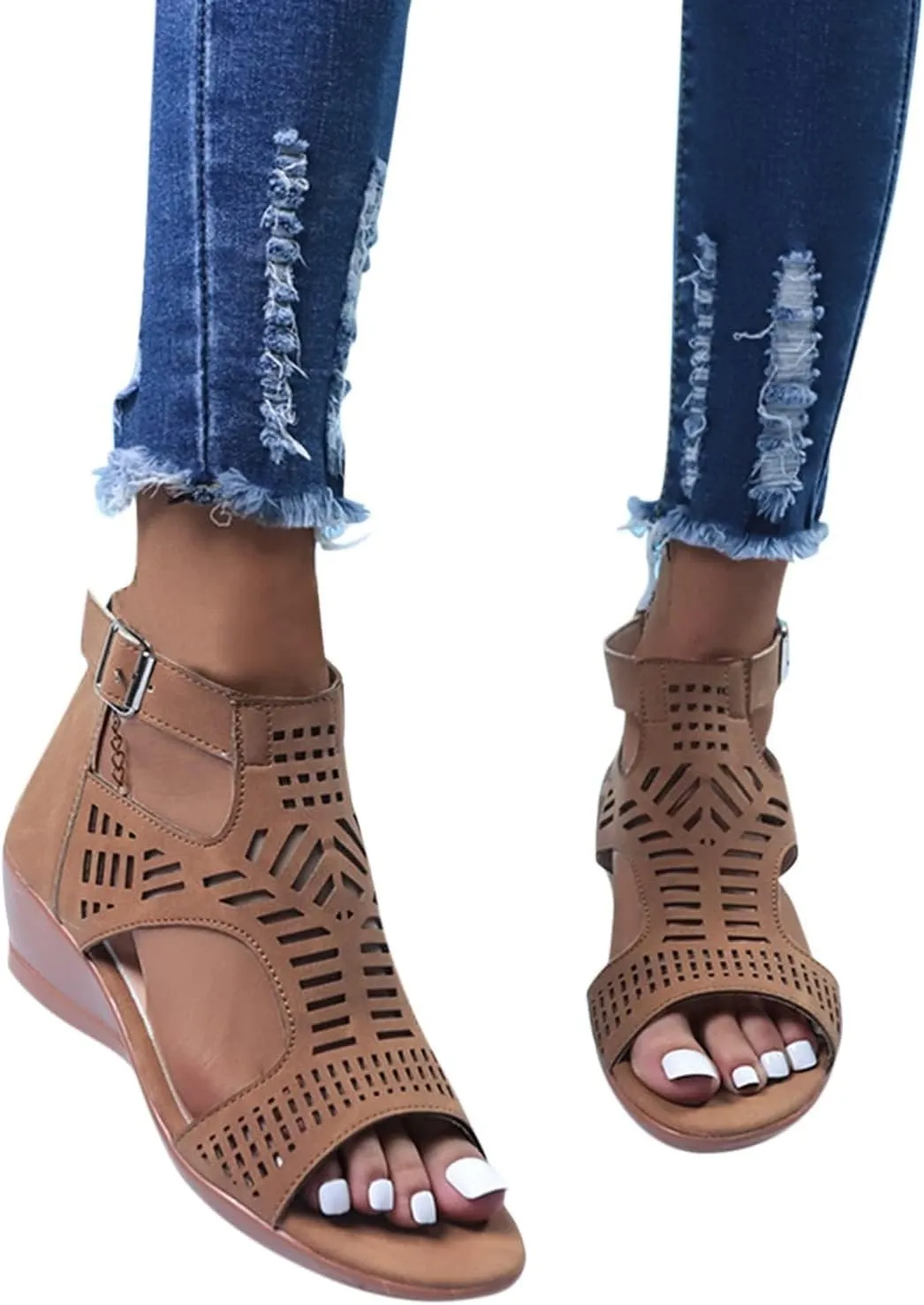 Womens Wedge Sandals Black Bohemian Cutout Open Toe Summer Wedge Party Sandals Casual Comfort Summer Cover Heel Dressy Cutout Beach Shoes Roman Retro Sandal