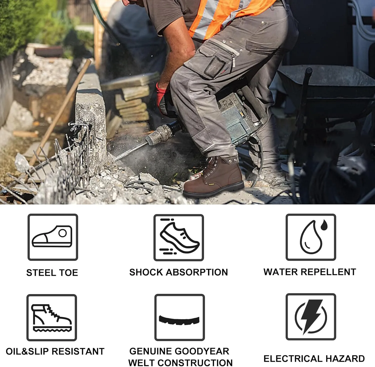 Work Boots for Men, Steel Toe, Leather, Oil, Slip and Heat Resistant Heavy Duty Wide Industrial & Construction Safety Boots, US 7-17 M & W