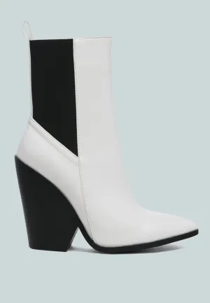 yadira duotone color block pointed toe high ankle chelsea boots