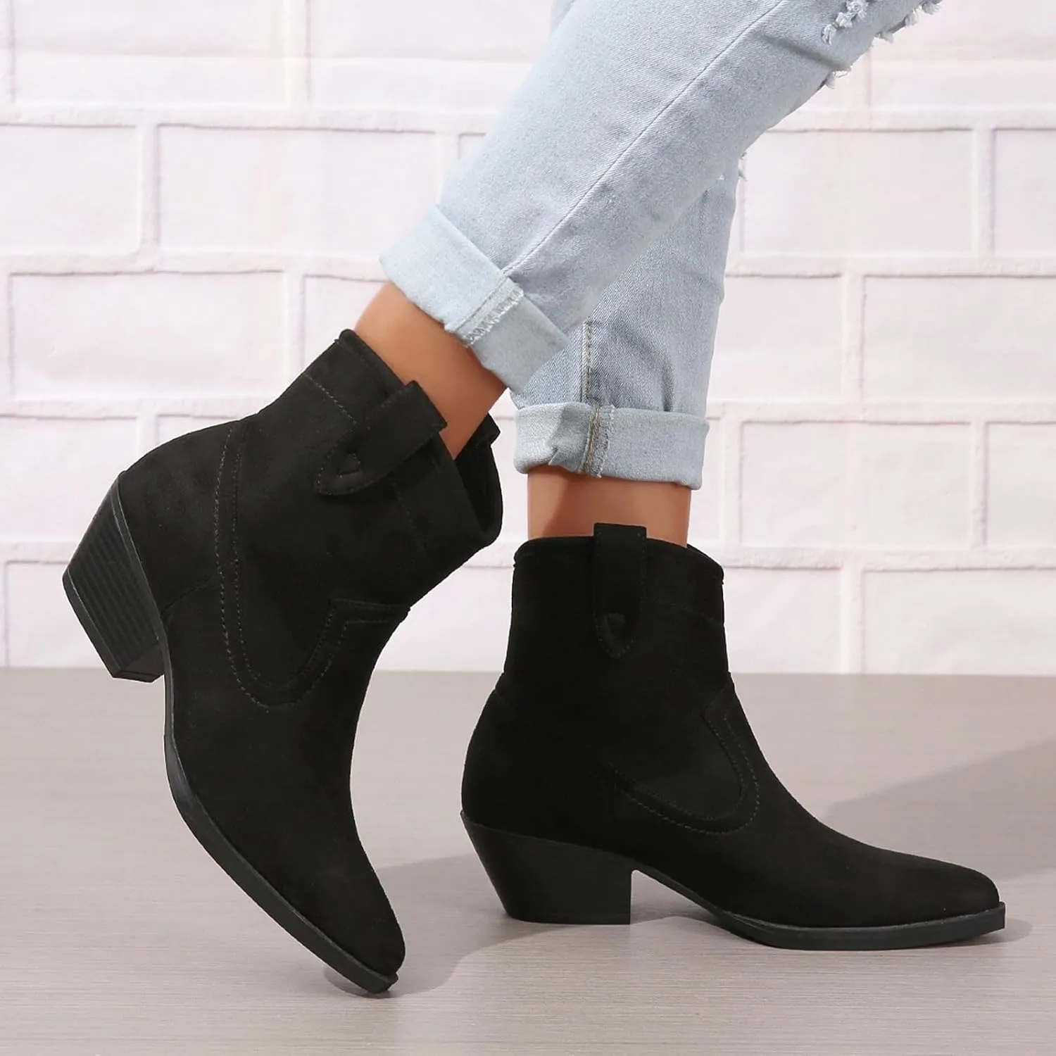 ZBYY Women's Slip on Ankle Boot,Western Pointed Toe Low Heel Chelsea Booties Short Dress Booties for Women