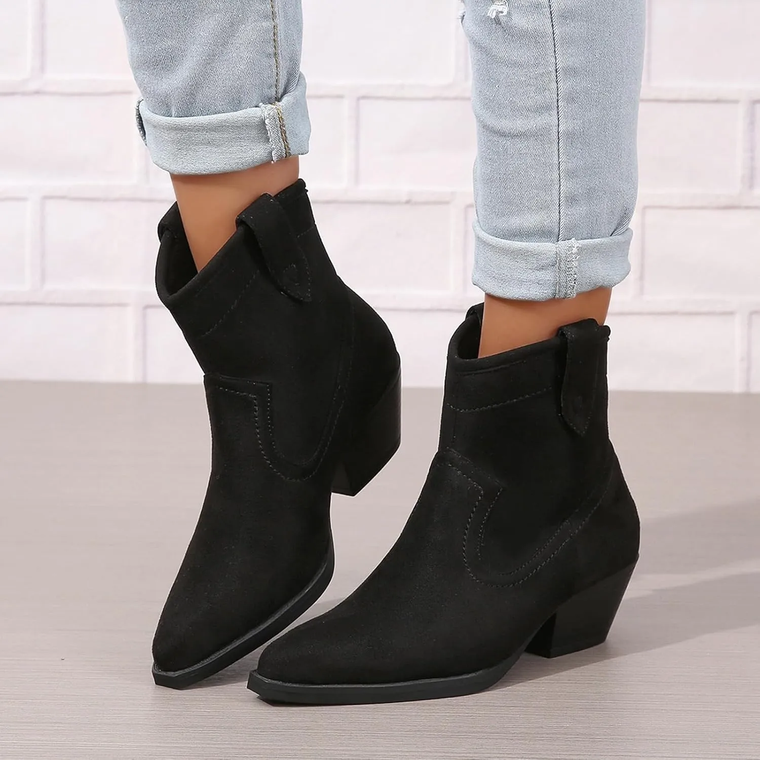 ZBYY Women's Slip on Ankle Boot,Western Pointed Toe Low Heel Chelsea Booties Short Dress Booties for Women