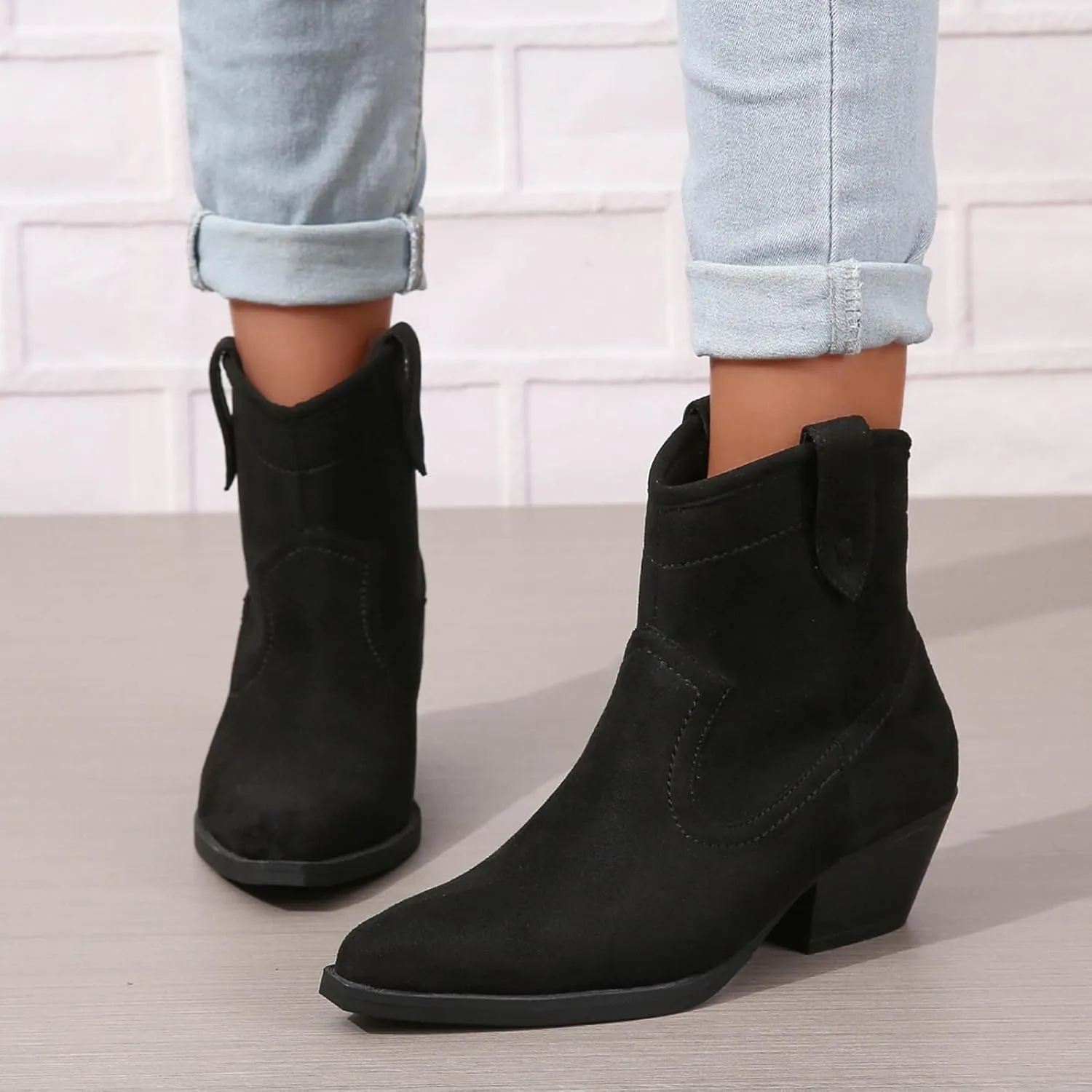 ZBYY Women's Slip on Ankle Boot,Western Pointed Toe Low Heel Chelsea Booties Short Dress Booties for Women